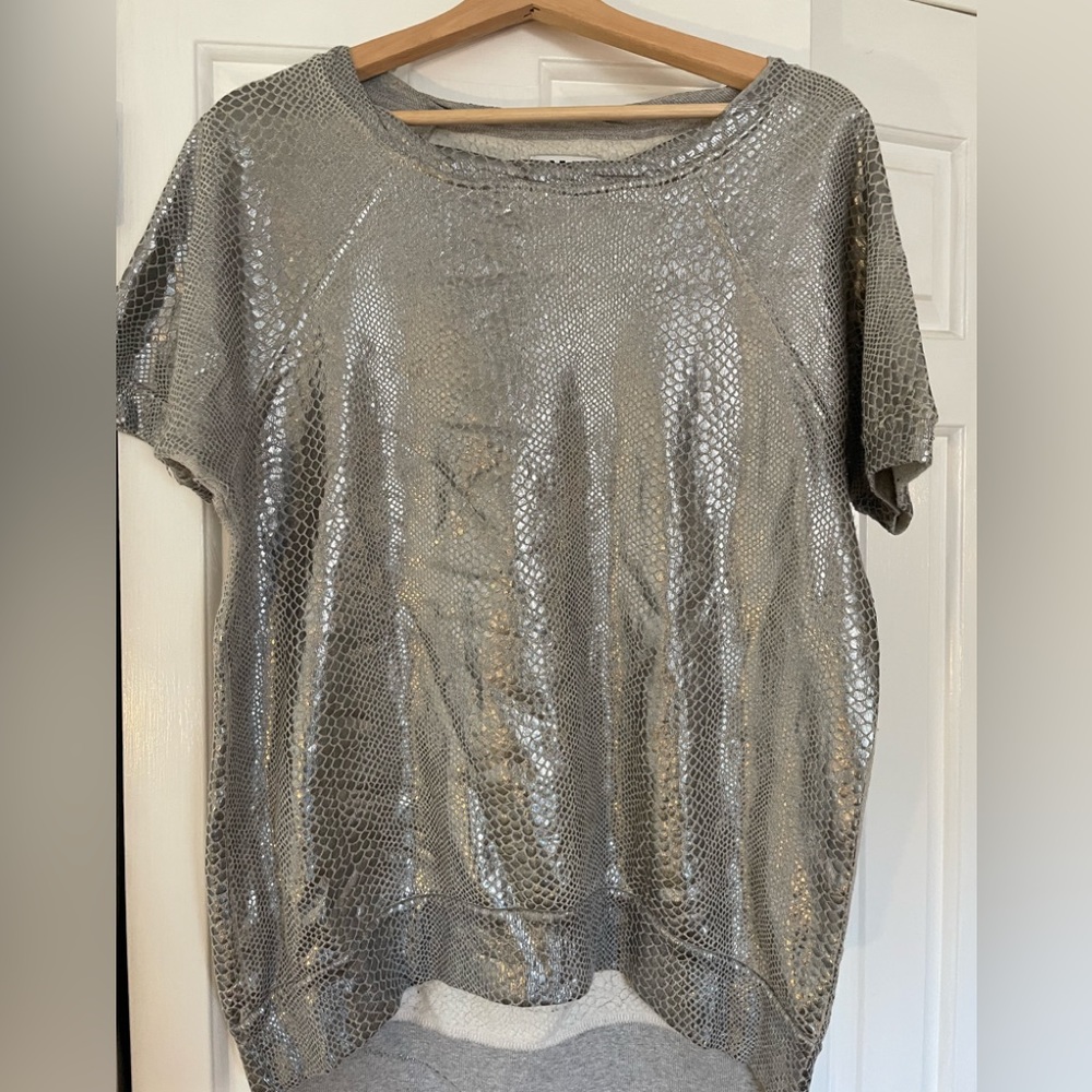 Pam & Gela Metallic Silver Snake-Effect Short Sleeve Tee